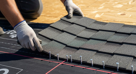 A close-up view a roofer's hands, protected by white gloves, meticulously positioning a dark grey asphalt shingle onto a wooden roof deck. Nails are visible, ready to secure the shingle in place. The textured surface of the shingles and the underlying black roofing felt are clearly depicted. captures the detailed work involved in roofing, emphasizing precision and craftsmanship.の素材