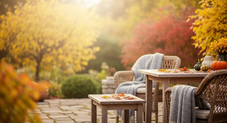 A charming autumn patio scene is set with comfortable wicker furniture, including chairs and a table, draped with soft, grey blankets. Fallen leaves in vibrant shades of red, orange, and yellow are scattered across the stone patio and furniture. A vase filled with colorful flowers and decorative pumpkins and gourds adds a festive touch. The background is a blur of warm autumn foliage, bathed in soft, golden sunlight, creating a tranquil and inviting atmosphere.の素材