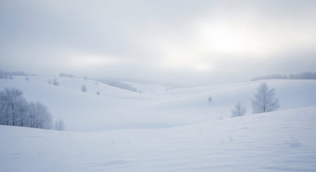 A minimalist winter landscape dominated by soft white and pale blue tones. Gentle snow-covered hills undulate across the scene, with scattered trees adorned in delicate frost. The sky is overcast, diffusing the light and creating a serene, tranquil atmosphere. The evokes a sense of quiet stillness and the pure, untouched beauty of a frozenの素材
