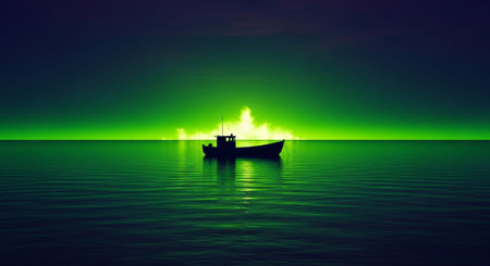 The silhouette of a small, solitary boat floats on a vast expanse of dark green water. Above, the sky is a vivid, almost electric green, with a bright, glowing horizon that suggests an unusual celestial event or a surreal sunset/sunrise. The water is calm, with subtle ripples reflecting the intense green light. The overall scene is minimalist, dramatic, and mysterious, creating an atmospheric and otherworldly seascape with a striking color palette.の素材