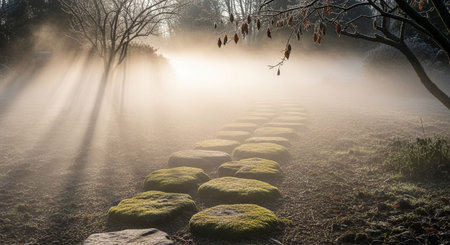 A tranquil and mystical scene unfolds as a stone stepping stone path winds through a dense forest shrouded in thick morning mist. Ethereal sunbeams pierce through the fog and tree branches, creating dramatic light rays that illuminate the path and the moss-covered stones. The ground is scattered with dry leaves, suggesting an autumn or early winter setting. The overall atmosphere is one of profound peace, mystery, and natural beauty, inviting contemplation and a sense of quiet journey.の素材