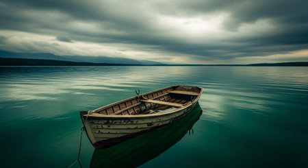 A weathered wooden rowboat drifts serenely on a vast expanse of calm, turquoise water. The surface of the lake or sea is smooth, with subtle ripples reflecting the dramatic, overcast sky above. The clouds are dark and heavy, creating a moody and atmospheric scene. The boat, tethered by a rope, appears solitary and still, inviting contemplation. Distant mountains are faintly visible on the horizon, adding to the sense of isolation and natural beauty.の素材