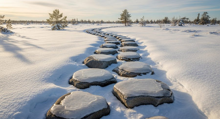 A winding path of large, flat stones covered in snow and ice leads through a vast, snow-covered landscape. Sparse, slender trees dot the horizon under a clear blue sky with wispy clouds. The low sun casts long shadows across the pristine white snow, creating a serene and tranquil winter scene. The stones are partially submerged in snow, with icy rims highlighting their shapes.の素材