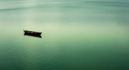 A single, dark wooden rowboat floats serenely on a vast expanse of calm, turquoise green water. The water's surface is smooth with subtle ripples, reflecting the soft, diffused light. The horizon is barely discernible, creating a sense of immense space and tranquility. The minimalist composition emphasizes the solitude of the boat against the expansive, muted tones of the water, evoking a feeling of peace and quiet contemplation.の素材