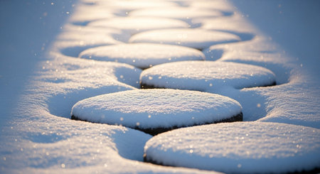A close-up view from ground level a series of circular stepping stones completely covered in a thick layer of pristine snow. Golden sunlight streams across the scene, casting long, defined shadows and illuminating the tiny ice crystals on the snow's surface, making them sparkle. The repetition of the stones creates a rhythmic pattern, leading the eye along the tranquil winter path. The overall atmosphere is serene, quiet, and crisp, highlighting the beauty of a snow-covered landscape.の素材