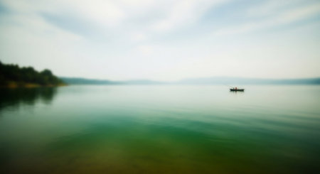A lone fisherman in a small boat drifts on a vast, tranquil lake. The scene is rendered in soft focus, creating an atmospheric and serene mood. Muted colors of green, blue, and grey dominate the landscape, with a hazy sky and distant shoreline adding to the sense of peaceful isolation. The gentle ripples on the water and the subtle reflections contribute to the overall feeling of stillness and quiet contemplation. evokes a sense of solitude and escape in nature.の素材