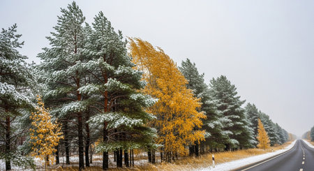 A stark yet landscape unfolds along a roadside where winter's first snow dusts the ground and the branches of tall pine trees. Interspersed among the evergreens are vibrant yellow birch trees, their golden foliage a striking contrast against the white snow and the muted, overcast sky. An asphalt road stretches into the distance, hinting at a journey through this transitional season. The scene evokes a sense of quiet solitude and the dramatic beauty of nature's changes.の素材