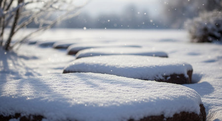 A serene winter scene unfolds with a series of large, flat stepping stones forming a path through a snow-covered garden. Each stone is generously blanketed in pristine white snow, creating a soft, inviting walkway. Delicate snowflakes continue to fall, adding a magical shimmer to the air. The background is softly blurred, hinting at frosted branches and the quiet stillness of a winter day. The evokes a sense of peace and the quiet beauty of a frozen landscape.の素材