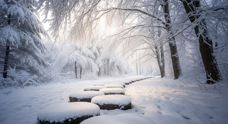 A serene winter forest path is lined with snow-covered stepping stones, creating a picturesque trail through the snowy woodland. Tall trees with frosted branches arch overhead, their delicate forms dusted with white. Soft sunlight filters through the canopy, casting dappled light and gentle shadows on the snow-covered ground. The scene evokes a sense of peaceful stillness and the magical beauty of a pristine winter landscape.の素材