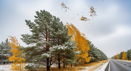A winter landscape unfolds with a mix of evergreen pine trees and deciduous birch trees displaying vibrant yellow autumn foliage. Snow dusts the branches and the ground, indicating an early winter or late autumn transition. The trees are noticeably wind-swept, with branches bending under the force. A paved highway stretches into the distance on the right side of the frame, bordered by dry grass. The sky is overcast and cloudy, contributing to a cool and atmospheric mood.の素材