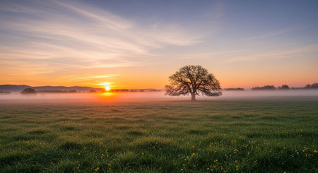 A solitary, oak tree stands silhouetted in a vast, green field shrouded in a gentle morning mist. The rising sun paints the sky with vibrant shades of orange and yellow, casting a warm glow that pierces through the fog. The scene is incredibly peaceful and serene, with the soft light and atmospheric haze creating a tranquil and natural landscape.の素材