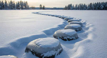 A serene winter landscape a path of large, round stepping stones emerging from a blanket of fresh snow on a frozen lake. The stones are partially covered in ice and snow, creating a textured and visually appealing line leading into the distance. A dense forest of pine trees borders the frozen expanse under a pale, clear sky. The scene evokes a feeling of quiet solitude and the stark beauty of a frozen environment.の素材