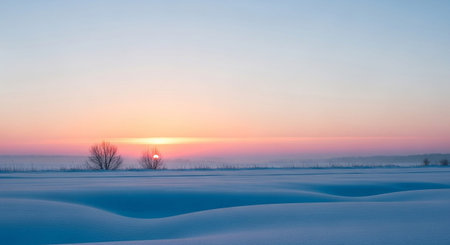 A serene winter landscape unfolds under a soft pastel sunset. The sky transitions from a pale blue to delicate shades of pink and orange near the horizon. A vast expanse of snow covers the land, forming gentle, rolling hills with soft, undulating curves. A few bare trees stand as minimalist silhouettes against the colorful sky. The scene evokes a sense of profound peace and quiet beauty.の素材