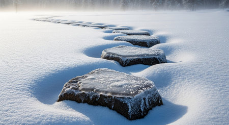 A close-up perspective of a series of stepping stones emerging from a blanket of pristine white snow. Each stone is partially encased in ice, with delicate frost patterns clinging to their surfaces. The soft, undulating snow creates a serene and minimalist winter landscape. The scene evokes a sense of quiet solitude and the crisp beauty of a frozen environment.の素材