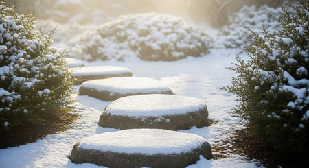 A tranquil winter garden a path of large, flat stepping stones generously covered in fresh snow. Soft, dappled sunlight filters through the scene, illuminating the frosted evergreen bushes on either side. The overall atmosphere is one of profound peace and quiet beauty, evoking a serene winter wonderland.の素材