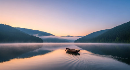 A solitary wooden rowboat drifts gently on the glassy surface of a lake at dawn. A soft, ethereal mist hovers over the water, partially obscuring the dark, tree-covered mountains that frame the scene. The sky is painted with delicate pastel hues of pink, orange, and blue, reflecting beautifully on the still water. The gentle ripples from the boat are the only disturbance in the otherwise undisturbed and tranquil atmosphere, creating a profound sense of peace and solitude.の素材