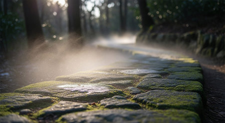 A close-up perspective of a weathered stone pathway, its surface softened by a thick layer of vibrant green moss. Sunlight filters through the dense canopy of trees, creating ethereal sunbeams that pierce the gentle mist rising from the damp ground. The path winds into the distance, inviting exploration into this tranquil and slightly mysterious woodland setting. The interplay of light, mist, and natural textures creates a serene and magical atmosphere.の素材