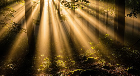 Dramatic sunbeams pierce through the dense canopy of a forest, creating visible rays of golden light that illuminate the woodland floor. The light filters through the leaves and branches, casting dappled patterns and highlighting the textures of moss-covered ground and undergrowth. The scene is both serene and awe-inspiring, with a sense of natural magic and tranquility. The contrast between light and shadow adds depth and drama to the woodland setting.の素材