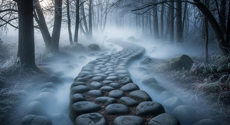 A of a winding stone pathway disappearing into a dense, misty forest. The scene is set in winter, with frost clinging to the bare branches of trees and a thick fog creating an atmospheric and slightly eerie mood. The dark, muted colors and the textured stones of the path evoke a sense of mystery and solitude, inviting the viewer to imagine a journey through this dreamlike woodland.の素材