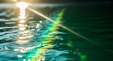 An abstract close-up of a dark green water surface disturbed by gentle ripples. Bright sunlight creates shimmering reflections and lens flare effects, casting streaks of light and bokeh across the liquid. The interplay of light and water texture creates a dynamic and visually appealing abstract background with cool, refreshing tones.の素材