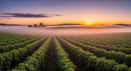 A sunrise casts a warm golden glow over a vast agricultural field. Rows of vibrant green crops stretch towards the horizon, disappearing into a soft layer of morning mist. The sky is a gradient of soft purples, oranges, and yellows, with a few wispy clouds adding texture. In the distance, silhouetted farm buildings and rolling hills are visible through the fog, creating a serene and picturesque rural landscape. The light rays pierce through the mist, highlighting the orderly rows of plants.の素材