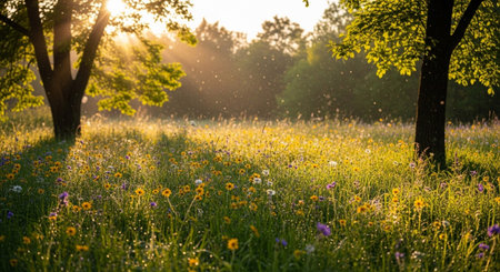 A sun-drenched meadow is filled with a variety of colorful wildflowers, including yellow, purple, and white blooms, interspersed with lush green grass. Two large trees stand on either side of the frame, their leaves illuminated by the warm sunlight. Golden sun rays stream through the trees and the air, creating a magical effect with visible dust motes or pollen. The background a soft-focus forest edge. The scene conveys a feeling of peace and natural abundance.の素材