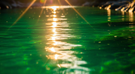 An abstract close-up of vibrant emerald green water illuminated by bright sunlight. Shimmering reflections dance across the surface, creating a play of light and color. Sunbeams pierce through the water, casting luminous rays and creating a bokeh effect. The clarity of the water allows glimpses of the depths below, hinting at an aquatic captures the dynamic beauty of natural light interacting with water, evoking a sense of purity and serenity.の素材
