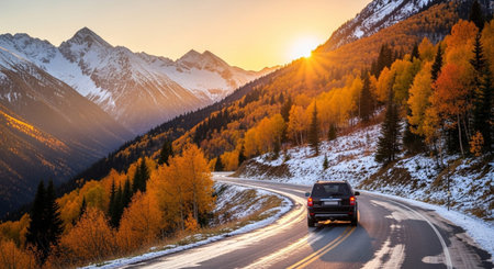 A dark-colored SUV navigates a winding asphalt road through a dramatic mountain landscape during the transition from autumn to winter. The slopes are adorned with vibrant orange and yellow foliage, interspersed with patches of snow. Towering, snow-capped mountain peaks rise in the background, bathed in the warm glow of a setting or rising sun. The road itself signs of recent precipitation, with wet patches and some snow.の素材