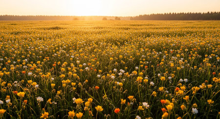 An endless expanse of a wildflower meadow stretches towards the horizon, illuminated by the warm, soft glow of the golden hour. Thousands of small yellow and white blossoms, interspersed with touches of orange, create a vibrant carpet of color against the green grass. The low sunlight casts a gentle radiance over the scene, highlighting the delicate petals and creating a peaceful, dreamlike atmosphere.の素材