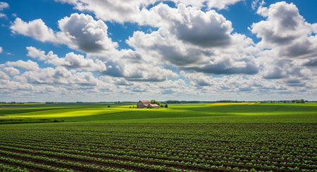 Expansive green agricultural fields stretch towards the horizon under a vast blue sky filled with dramatic, fluffy cumulus clouds. Rows of young crops are visible in the foreground, with a distant barn and farmhouse nestled amongst rolling hills. The scene a serene and idyllic rural landscape.の素材
