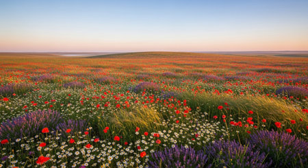 An expansive field of blooming wildflowers stretches towards the horizon under a soft, pastel sky at dawn. The foreground is a dense tapestry of vibrant red poppies, delicate white daisies, and fragrant purple lavender bushes, swaying gently in a light breeze. The colors are rich and varied, creating a natural spectacle. In the distance, rolling hills are softly illuminated by the early morning light, with a hint of mist near the ground. The overall atmosphere is one of profound peace and...の素材