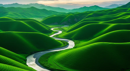 A panoramic view of undulating green hills stretching towards a hazy horizon under a soft sky. A silver river snakes its way through the valley, its curves mirroring the gentle slopes of the landscape. The vibrant green hue of the vegetation is rich and uniform, suggesting a healthy and thriving ecosystem. The light and shadow play across the contours of the hills, emphasizing their rounded forms and creating a sense of depth and dimension. This is a scene of profound natural beauty and...の素材
