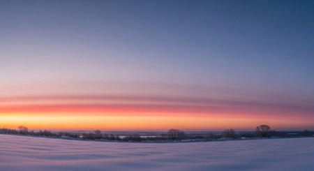 A winter landscape unfolds under a vibrant sunset sky. The horizon is painted with a gradient of soft pink, fiery orange, and deep purple, transitioning into a clear blue overhead. A vast expanse of pristine white snow covers the rolling fields, with the subtle shadows of the terrain creating gentle contours. Bare trees stand as dark silhouettes against the colorful sky, adding a touch of stark beauty. The overall mood is one of serene tranquility and the beauty of nature during the...の素材