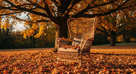 A comfortable wicker armchair sits invitingly in a park or garden setting, bathed in the warm, golden light of late afternoon. A large, tree with vibrant yellow and orange autumn foliage stands behind it. The ground is completely covered in a thick carpet of fallen leaves in various shades of red, orange, and brown. The scene evokes a sense of tranquility, warmth, and the beauty of the autumn season.の素材