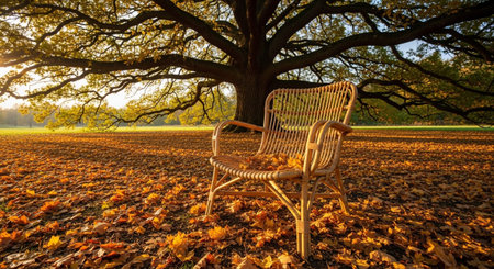 A solitary wicker chair is placed in a park setting, surrounded by a thick carpet of fallen autumn leaves in shades of gold, orange, and brown. Behind the chair stands a massive, old oak tree with sprawling branches that create a grand canopy overhead. The sunlight filters through the remaining leaves on the tree and the fallen leaves on the ground, casting a warm, golden glow over the entire scene. The atmosphere is peaceful and serene, evoking a sense of quiet contemplation and the beauty...の素材