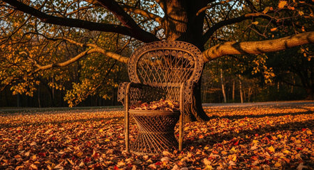 An ornate wicker chair sits in a park or garden, completely filled with a thick layer of fallen autumn leaves. The chair is positioned beneath the sprawling branches of a large, tree, whose leaves are also a vibrant mix of oranges, yellows, and reds. The scene is bathed in the warm, golden light of a sunset, casting long, dramatic shadows across the leaf-covered ground. The atmosphere is peaceful and slightly melancholic, evoking a sense of seasonal change and quiet beauty.の素材