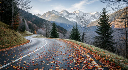 A picturesque winding mountain road is carpeted with fallen autumn leaves in vibrant shades of red, orange, and brown. The road curves through a landscape dotted with evergreen trees and deciduous trees showing fall colors. In the background, snow-capped mountains rise against a clear blue sky with scattered clouds. Frost glistens on the grassy slopes, indicating a crisp, cold autumn day. The scene evokes a sense of journey and the beauty of seasonal change in a remote alpine setting.の素材