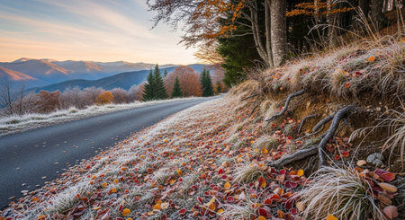 A winding asphalt road curves through a mountainous landscape at sunrise. The ground along the roadside is blanketed with fallen autumn leaves in shades of red, orange, and yellow, interspersed with frost-covered grass and dry stalks. Bare tree roots are exposed on the embankment. In the distance, rolling hills and mountains are bathed in the soft, golden light of the rising sun, with a few evergreen trees dotting the slopes. The sky is clear with a hint of clouds.の素材