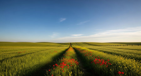 A narrow, winding dirt path cuts through rolling hills covered in lush green fields, possibly wheat or barley. The path is bordered on both sides by vibrant wildflowers, with bright red poppies and yellow mustard flowers creating a striking contrast against the green and golden hues of the landscape. The sky above is a clear, deep blue, suggesting either early morning or late afternoon light, casting a warm, golden glow over the scene. The conveys a sense of natural beauty, peace, and the...の素材