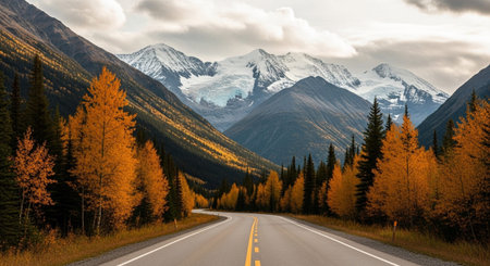 An empty asphalt road curves through a mountain valley, flanked by dense forests ablaze with the vibrant colors of autumn. Tall pine trees stand in stark contrast to the golden and orange hues of deciduous trees. The road leads the eye towards a dramatic backdrop of towering, snow-capped mountains under a sky filled with soft, diffused clouds. The scene evokes a sense of adventure and the beauty of nature's seasonal transformation, with the road symbolizing a journey into the wilderness.の素材