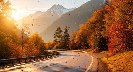 A scenic mountain road curves through a vibrant autumn landscape. Deciduous trees ablaze with fall colors line the route, while golden sunlight streams through the branches, casting long shadows. Leaves are seen falling, adding a dynamic to the serene and picturesque scene. Snow-capped peaks are visible in the background.の素材