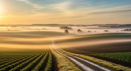 A winding dirt road meanders through meticulously tilled agricultural fields, creating a strong leading line into the distance. The landscape is enveloped in a soft, ethereal mist, illuminated by the gentle golden light of sunrise. Sunbeams pierce through the fog, highlighting the rows of green crops and the rolling contours of the hills. The scene evokes a sense of profound peace, tranquility, and the quiet beauty of the natural awakening.の素材