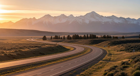 A landscape unfolds with a winding highway carving its path through golden, sun-drenched fields and brush. In the distance, a grand range of snow-capped mountains rises against a soft, warm sky, hinting at either sunrise or sunset. The road curves gently, inviting the viewer on a journey through this vast and serene natural setting. Scattered trees add texture to the rolling terrain. The warm light and expansive views create a sense of peace, adventure, and the beauty of the open road.の素材