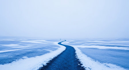 A stark and minimalist winter scene featuring a winding, dark path cutting through an expansive, snow-covered landscape. The ground is a blanket of white and blue hues, with subtle textures of snow and ice. The horizon is a soft, pale grey, blending into an overcast sky. The path leads the eye into the distance, creating a sense of journey and solitude in a vast, quiet, and frozen environment.の素材