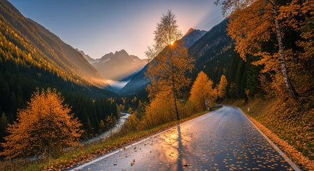 A winding asphalt road meanders through a mountain valley during the peak of autumn. The slopes are ablaze with the vibrant colors of fall foliage, featuring golden aspens and dark green pines. Sunlight streams through the trees, casting dramatic rays and illuminating the wet road surface, which reflects the warm hues of the season. A river flows alongside the road, adding to the serene and natural beauty of this autumnal mountain landscape.の素材