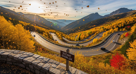 A dramatic mountain pass unfolds with a winding, serpentine road cutting through a forest ablaze with autumn colors. Vibrant yellow, orange, and red leaves adorn the trees, with some leaves caught in mid-air, falling from the branches. Cars navigate the curves of the road, heading towards a distant valley. A "Scenic Overlook" sign and a stone wall mark a viewpoint, offering a panoramic vista of the colorful mountains and sky.の素材