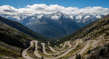 A dramatic mountain landscape unfolds with a winding, serpentine road carving its way through steep green valleys. Snow-capped peaks dominate the background under a bright blue sky dotted with fluffy white clouds. Evergreen trees cover the slopes, adding a rich green contrast to the rugged terrain. The road, with its numerous switchbacks, beckons exploration and promises a journey through this natural setting.の素材
