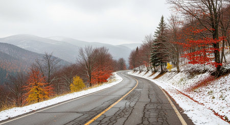 A winding asphalt road carves its way through a mountain landscape under an overcast sky. Patches of snow are visible along the road's edges and on the surrounding hillsides, indicating a transition from autumn to winter. Vibrant splashes of red, yellow, and orange foliage from deciduous trees contrast with the darker greens of evergreen pines. The road surface cracks, and a yellow line marks the center. The scene conveys a sense of a journey through changing seasons in a remote, atmospheric...の素材