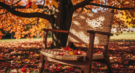 A comfortable wooden armchair with a woven seat sits on a grassy lawn carpeted with fallen autumn leaves in vibrant shades of red, orange, and yellow. The chair is positioned beneath a large tree with branches adorned with colorful foliage, casting dappled shadows. The scene evokes a sense of peacefulness and the beauty of the fall season.の素材