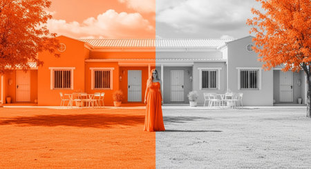 presents a surreal scene with a house exterior divided vertically into two distinct color schemes. The left side is rendered in vibrant orange hues, including the house, lawn, and a tree, while the right side is in monochrome grey and white. A woman in a flowing orange dress stands in the center, bridging the two halves. The contrast between the vivid color and the desaturated tones creates a striking visual effect, exploring themes of perception and duality.の素材